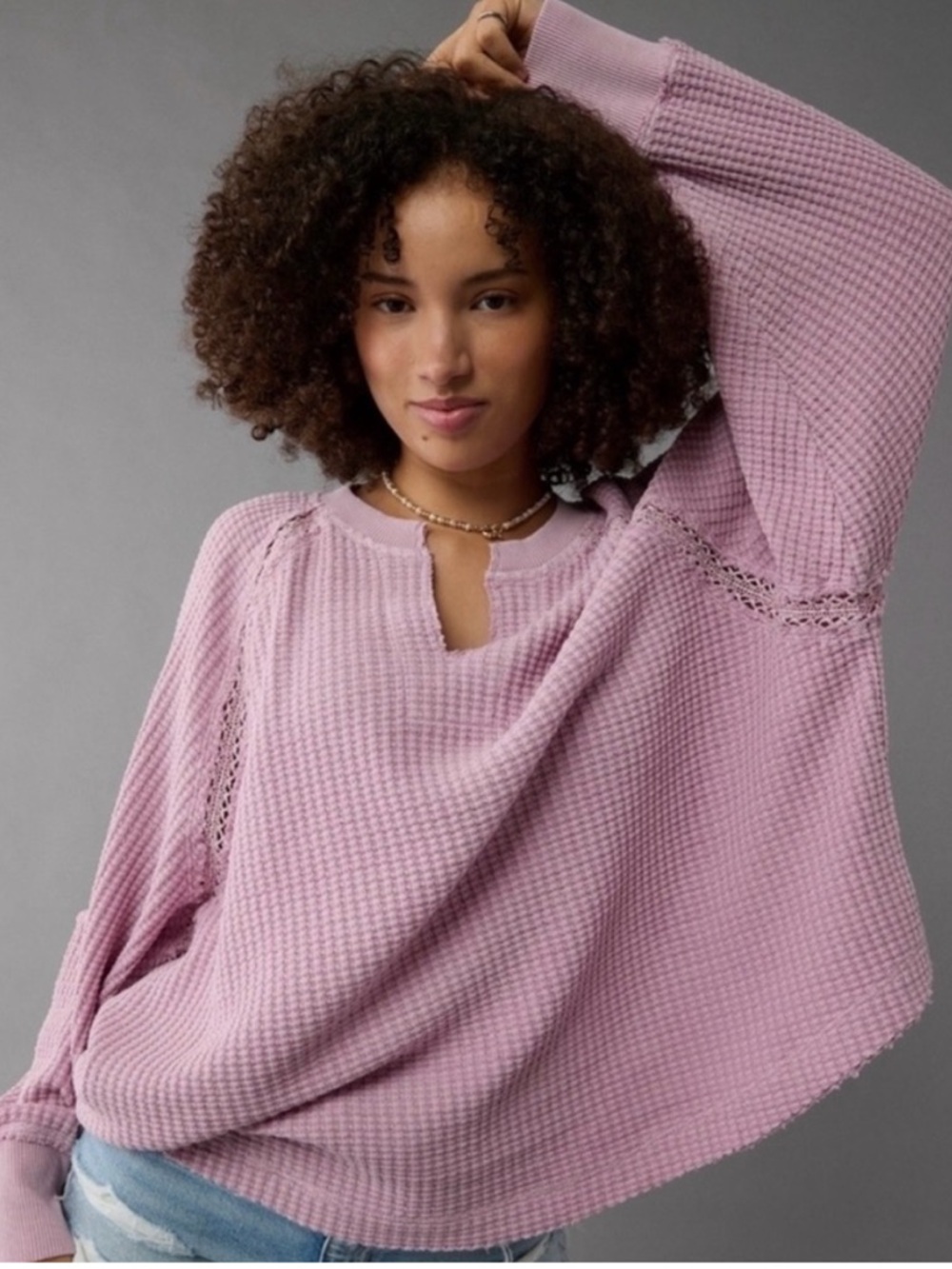 American Eagle Outfitters Mauve Pink Waffle-Knit Split-Neck Sweater